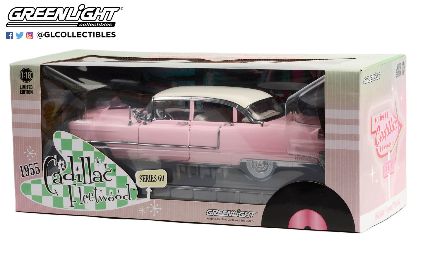 GreenLight 1:18 1955 Cadillac Fleetwood Series 60 - Pink with White Roof 13648