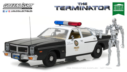 GreenLight 1:18 Artisan Collection - The Terminator (1984) - 1977 Dodge Monaco Metropolitan Police with T-800 Endoskeleton Figure 19042