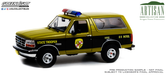 GreenLight 1:18 Artisan Collection - 1996 Ford Bronco - Maryland State Police State Trooper - Bloodhound Search Team K-9 Patrol 19113