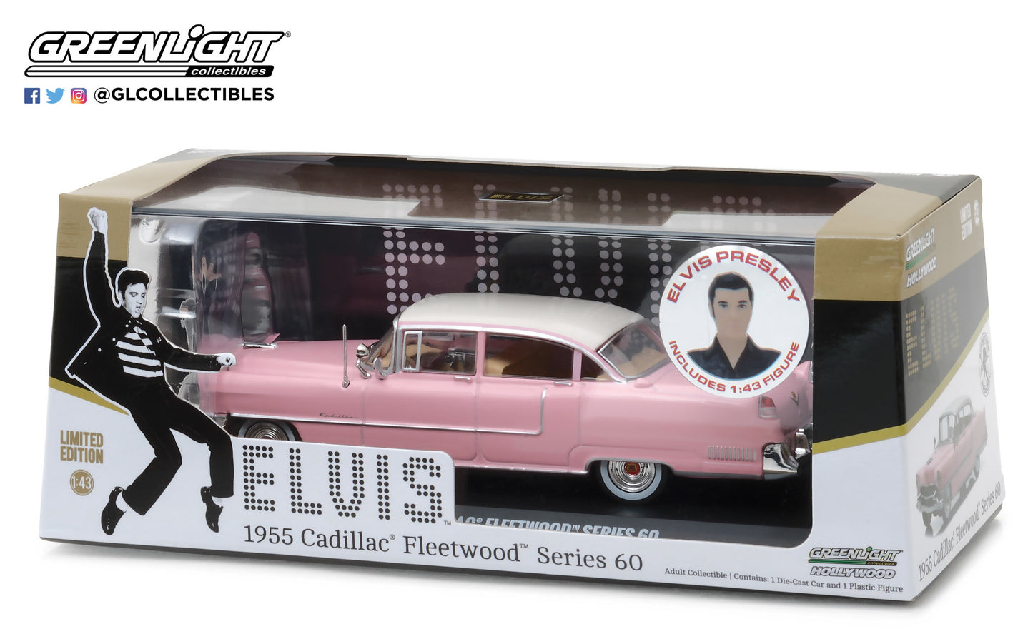 GreenLight 1:43 Hollywood - Elvis Presley (1935-77) - 1955 Cadillac Fleetwood Series 60 Pink Cadillac with Elvis Presley Figure 86436