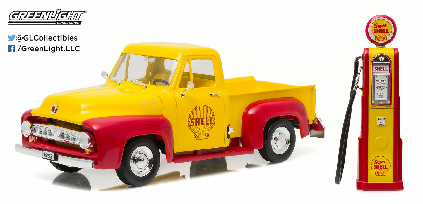GreenLight 1:18 1953 Ford F-100 Truck Shell Oil & Gas Pump Yellow 12983
