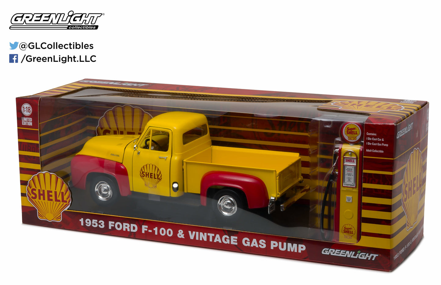 GreenLight 1:18 1953 Ford F-100 Truck Shell Oil & Gas Pump Yellow 12983