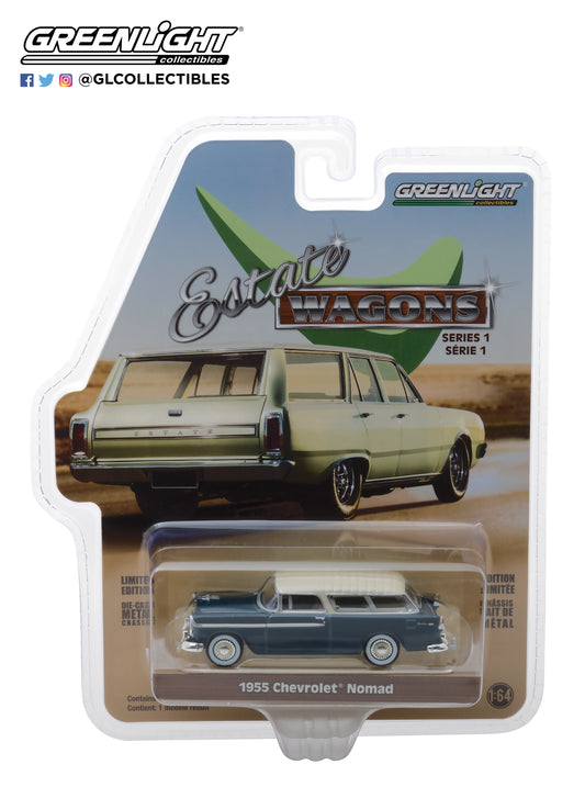 GreenLight 1/64 Estate Wagons Series 1 - 1955 Chevrolet Nomad - Glacier Blue and Shoreline Beige 29910-A