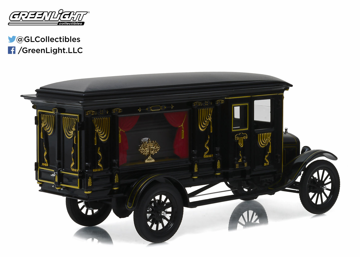 GreenLight 1:18 Precision Collection - 1:18 1921 Ford Model T Ornate Carved Hearse - Black PC-18013