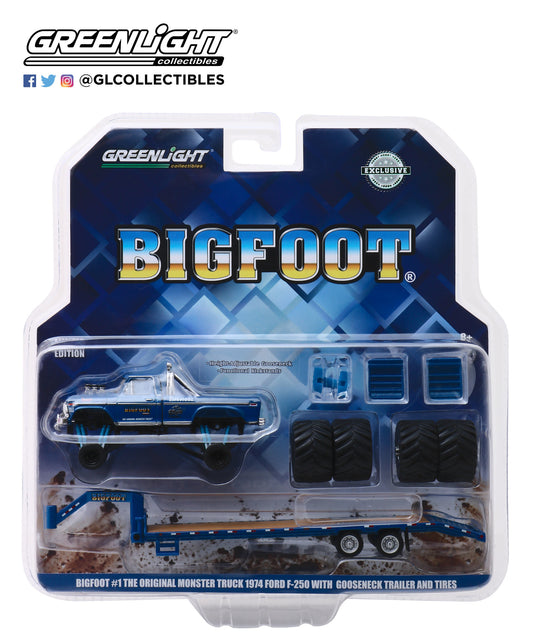 GreenLight 1:64 Bigfoot #1 The Original Monster Truck (1979) - 1974 Ford F-250 Monster Truck on Gooseneck Trailer with Regular and Replacement 66 inch Tires 30054