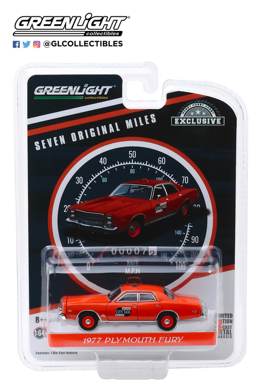 GreenLight 1:64 1977 Plymouth Fury - Binghamton, New York City Taxi - 7 Original Miles on Odometer 30057