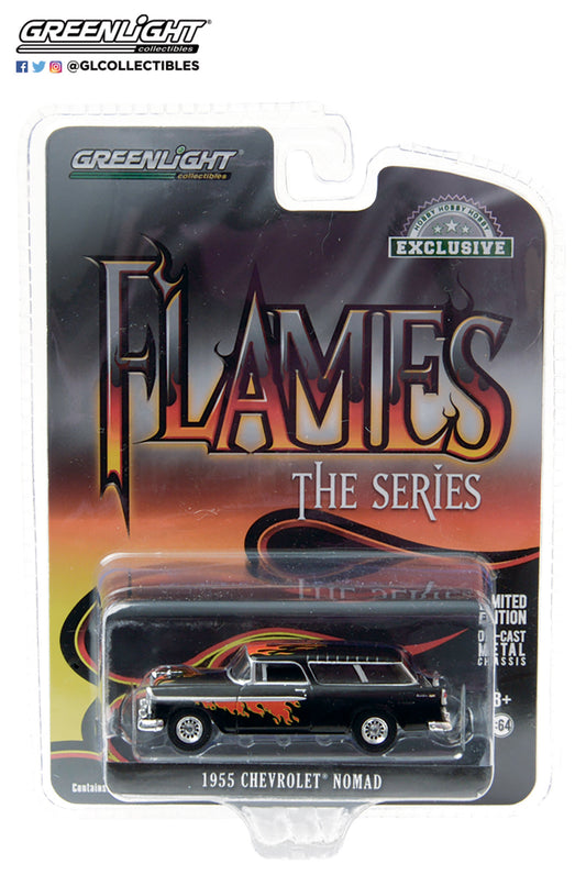 GreenLight 1:64 Flames The Series - 1955 Chevrolet Nomad - Black with Flames 30117