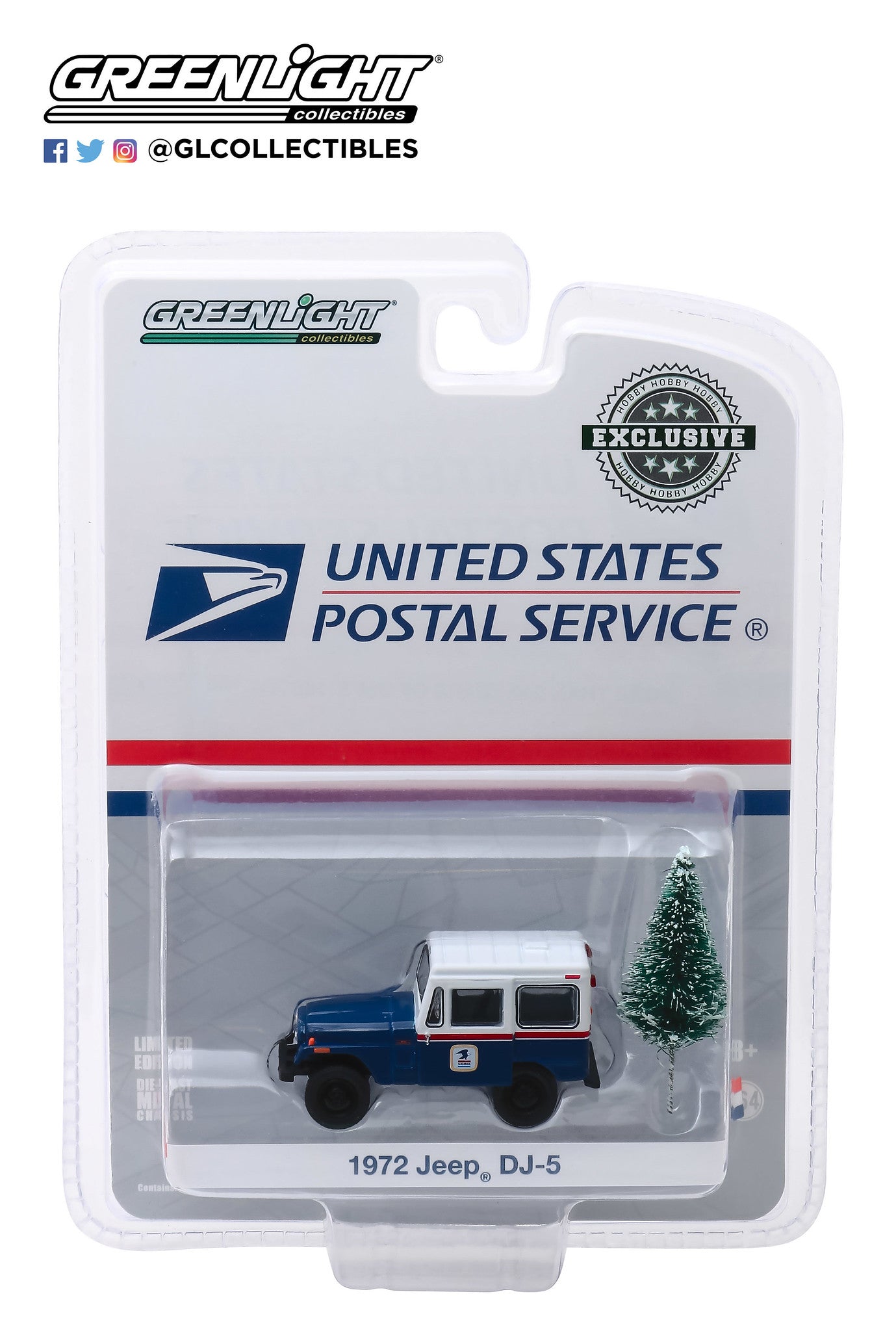 GreenLight 1:64 1972 Jeep DJ-5 United States Postal Service (USPS) - Blue with White Roof with Christmas Tree Accessory 30118