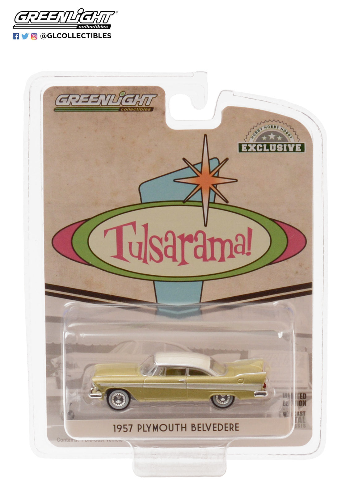 GreenLight 1:64 1957 Plymouth Belvedere - Desert Gold and Sand Dune White - Tulsa, Oklahoma Tulsarama 1957 Underground Vault 30157