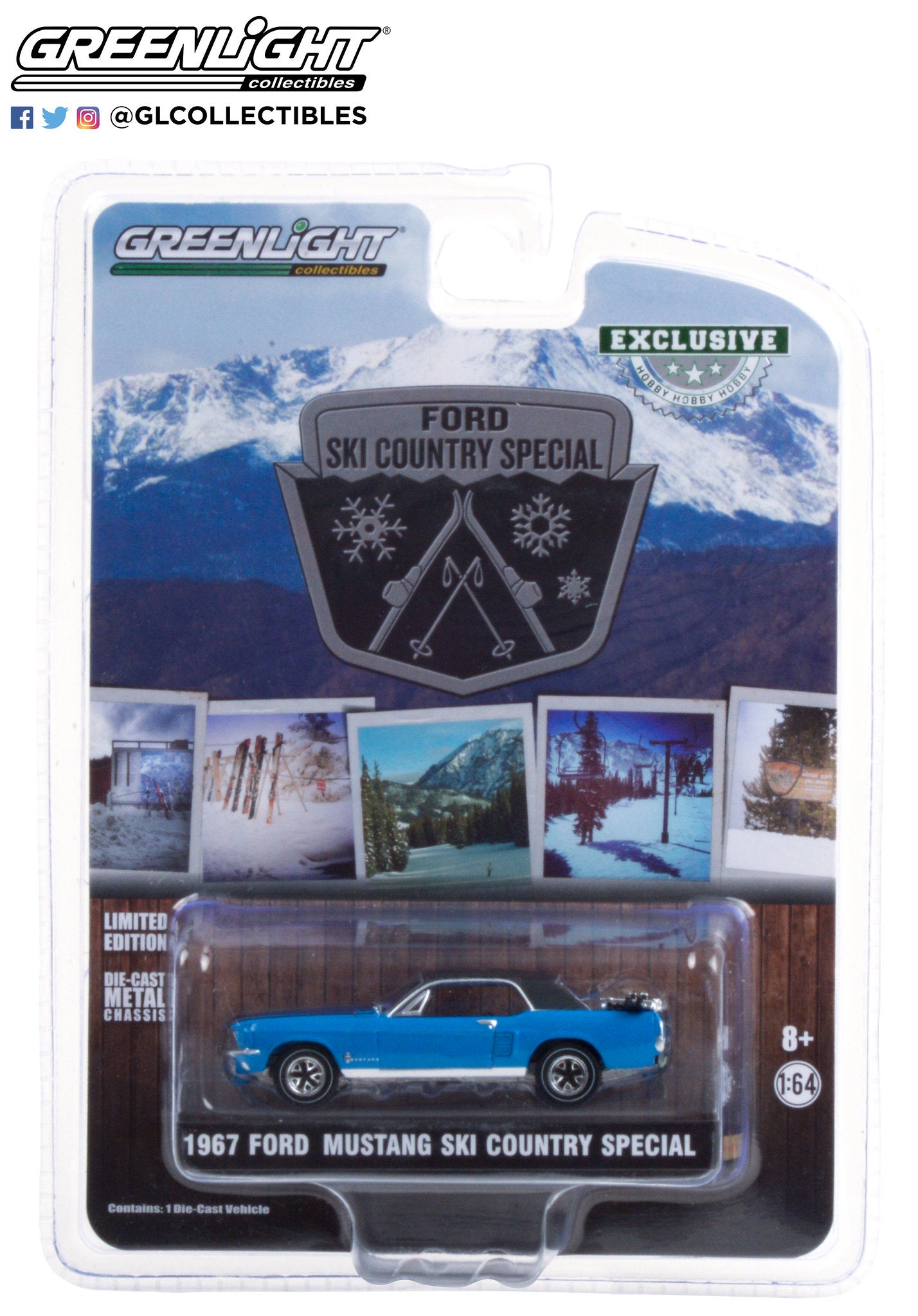 GreenLight 1:64 1967 Ford Mustang Coupe Ski Country Special - Vail Blue 30171