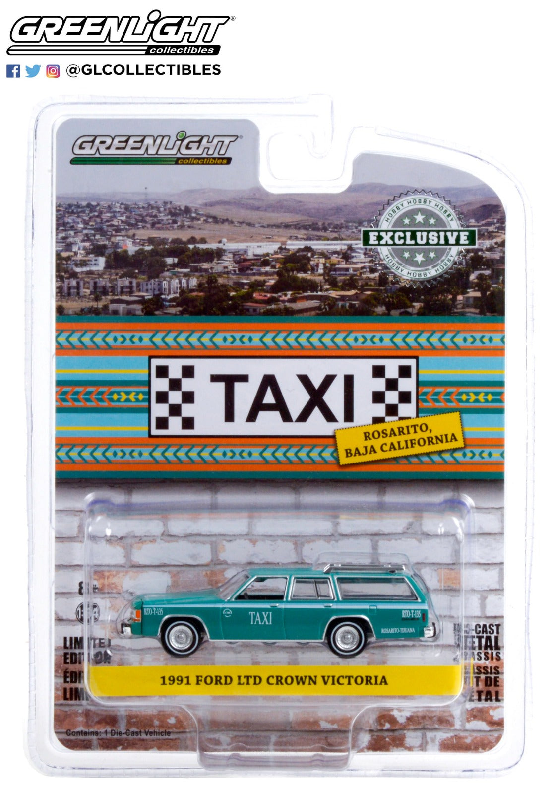 GreenLight 1:64 1991 Ford LTD Crown Victoria Wagon - Rosarito, Baja California, Mexico Taxi - Teal with White Stripes (Hobby Exclusive) 30225