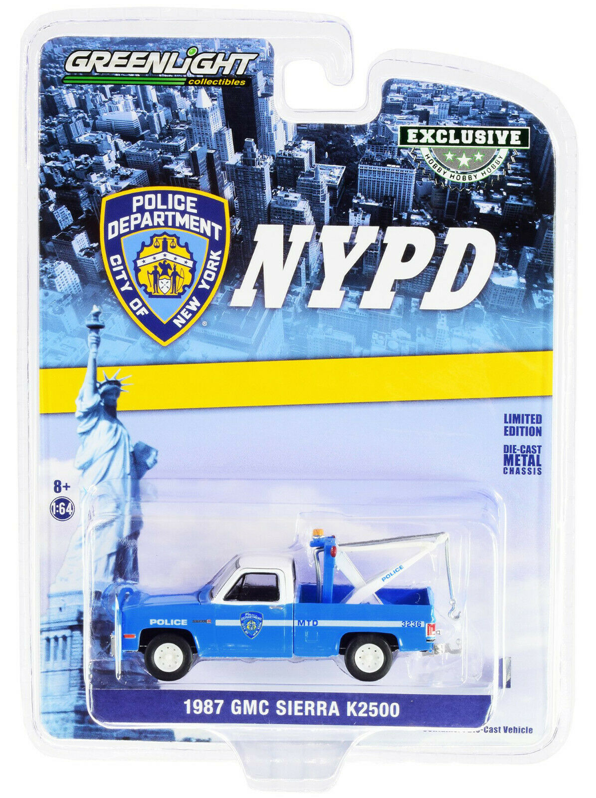 GreenLight 1987 Gmc Sierra K2500 Tow Truck With Drop In Tow Hook Blue With White Top New York City Police Dept Nypd Hobby Exclusive 1-64 Scale Diecast Model Car | Simon GreenLight 1987 Gmc Sierra K2500 Tow Truck With Drop In Tow Hook Blue With White Top New York City Police Dept Nypd Hobby Exclusive 1-64 Scale Diecast Model Car | Simon