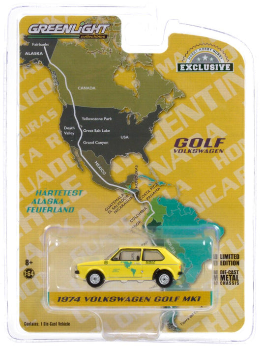 GreenLight 1:64 1974 Volkswagen Golf Mk1 - Hartetest Alaska-Feuerland Alaska, USA to Tierra del Fuego, Argentina Car #1 30238