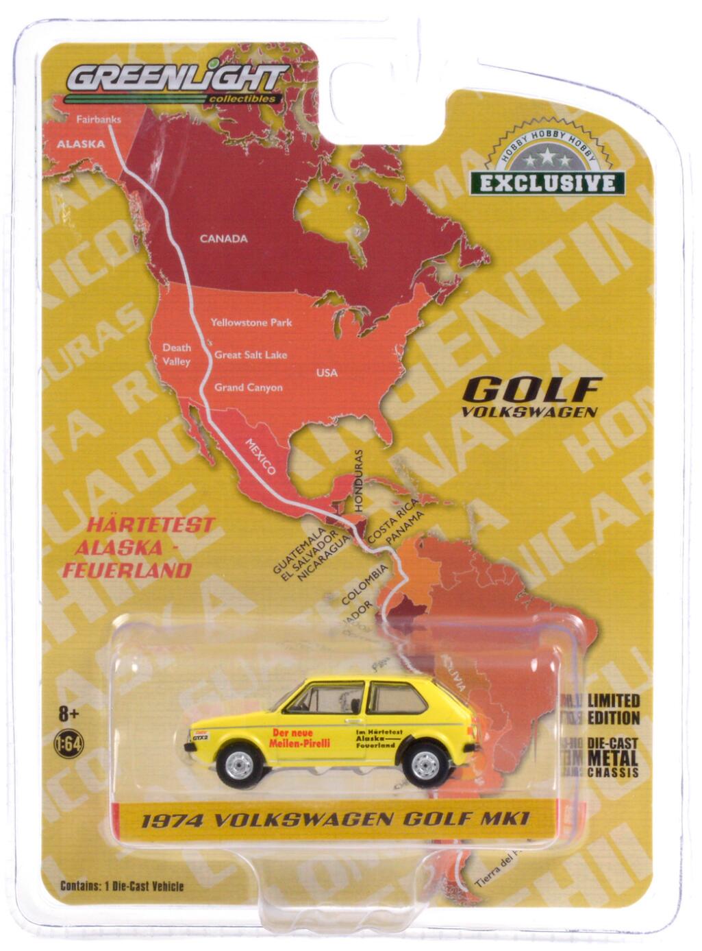 GreenLight 1:64 1974 Volkswagen Golf Mk1 - Hartetest Alaska-Feuerland Alaska, USA to Tierra del Fuego, Argentina Car #2 30239