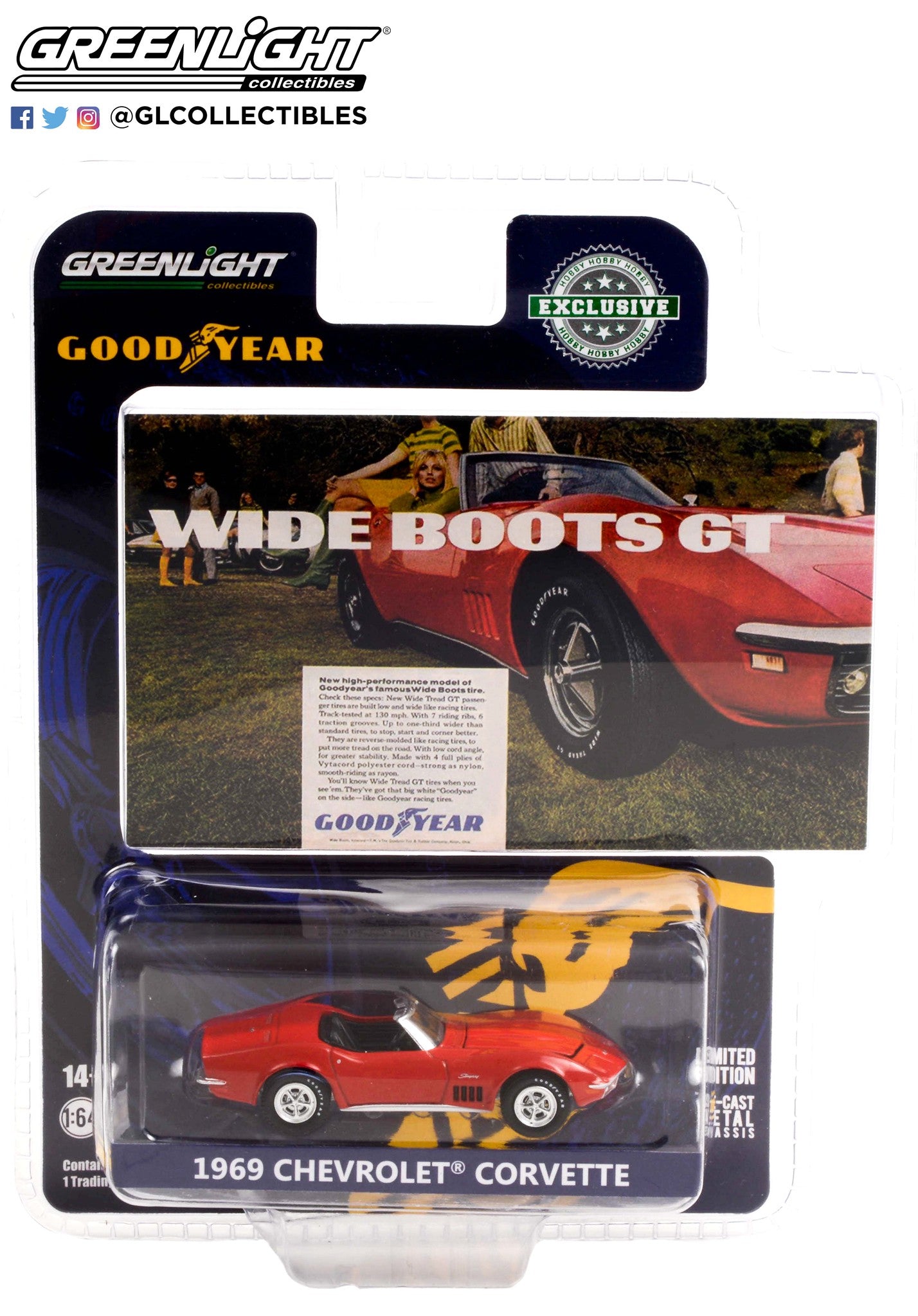 GreenLight 1:64 Goodyear Vintage Ad Cars - 1969 Chevrolet Corvette - Wide Boots Wide Boots GT 30248