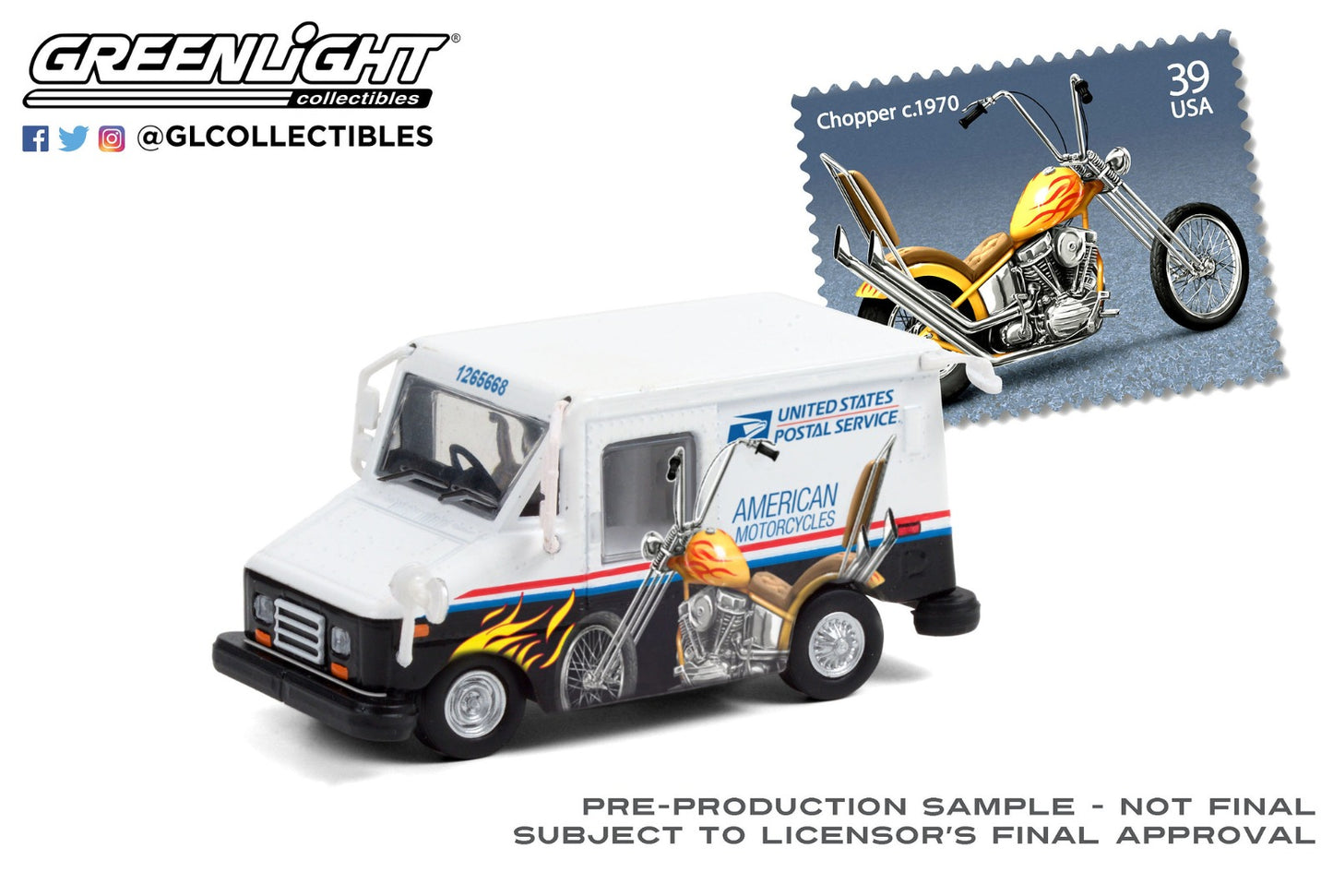 GreenLight 1:64 United States Postal Service (USPS) Long-Life Postal Delivery Vehicle (LLV) - American Motorcycles Collectible Stamps LLV (Hobby Exclusive) 30249
