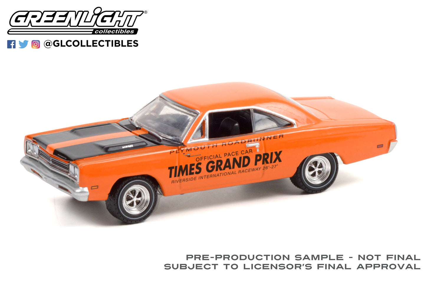 GreenLight 1:64 1969 Plymouth Road Runner - 1968 Los Angeles Times Grand Prix at Riverside International Raceway Official Pace Car 30273