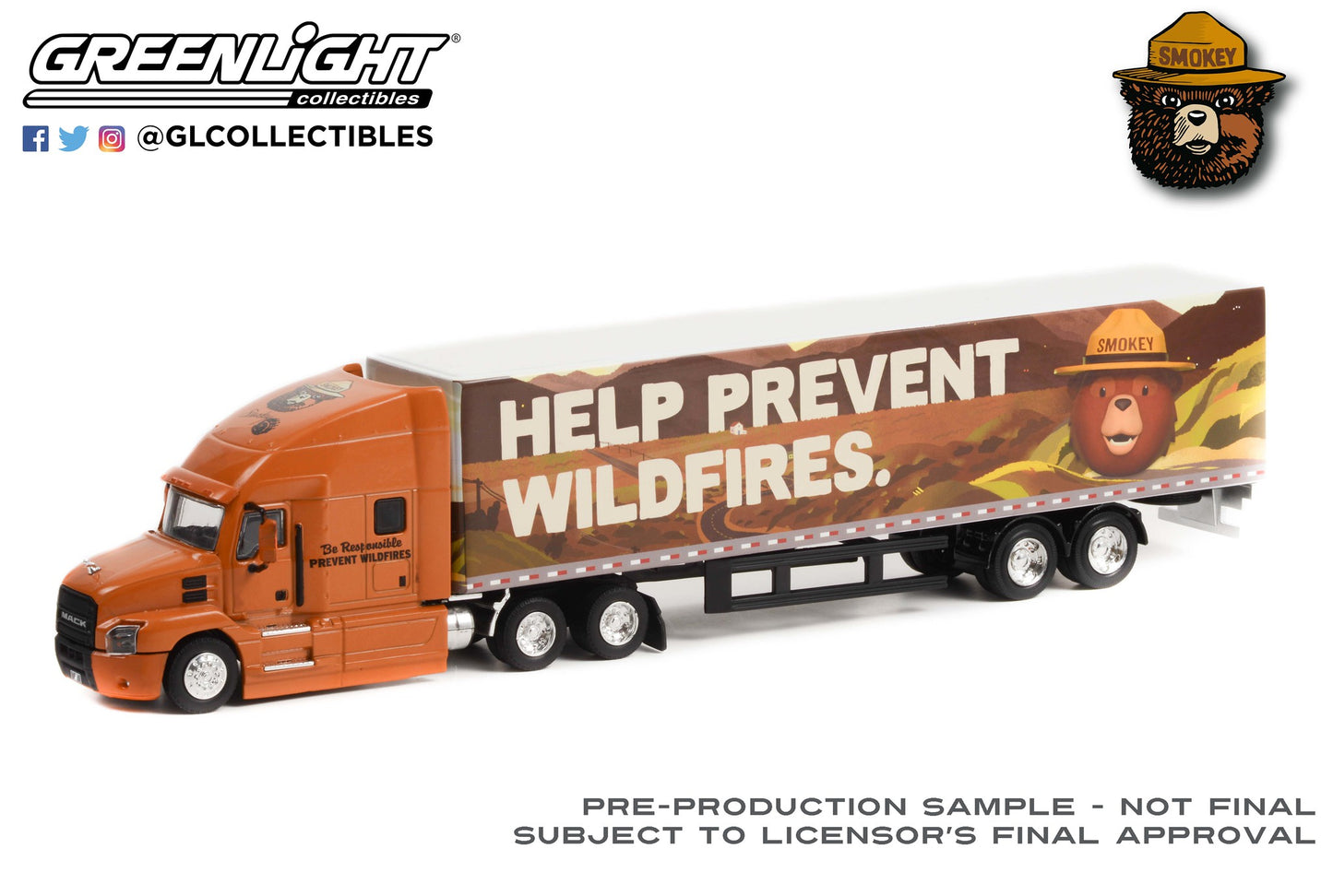 GreenLight 1:64 Mack Anthem 18 Wheeler Tractor-Trailer - Smokey Bear Only You Can Prevent Wildfires 30323