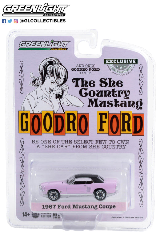 GreenLight 1:64 1967 Ford Mustang Coupe "She Country Special" - Bill Goodro Ford, Denver, Colorado - Evening Orchid (Hobby Exclusive) 30352