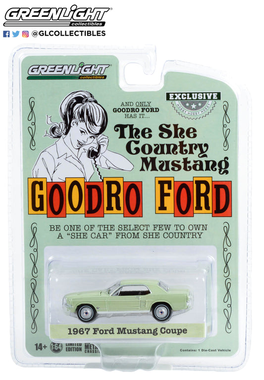 GreenLight 1:64 1967 Ford Mustang Coupe "She Country Special" - Bill Goodro Ford, Denver, Colorado - Limelite Green (Hobby Exclusive) 30353