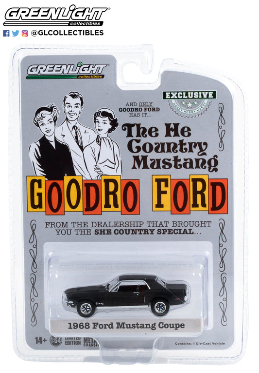 GreenLight 1:64 1968 Ford Mustang Coupe "He Country Special" - Bill Goodro Ford, Denver, Colorado - Stealth Black (Hobby Exclusive) 30354