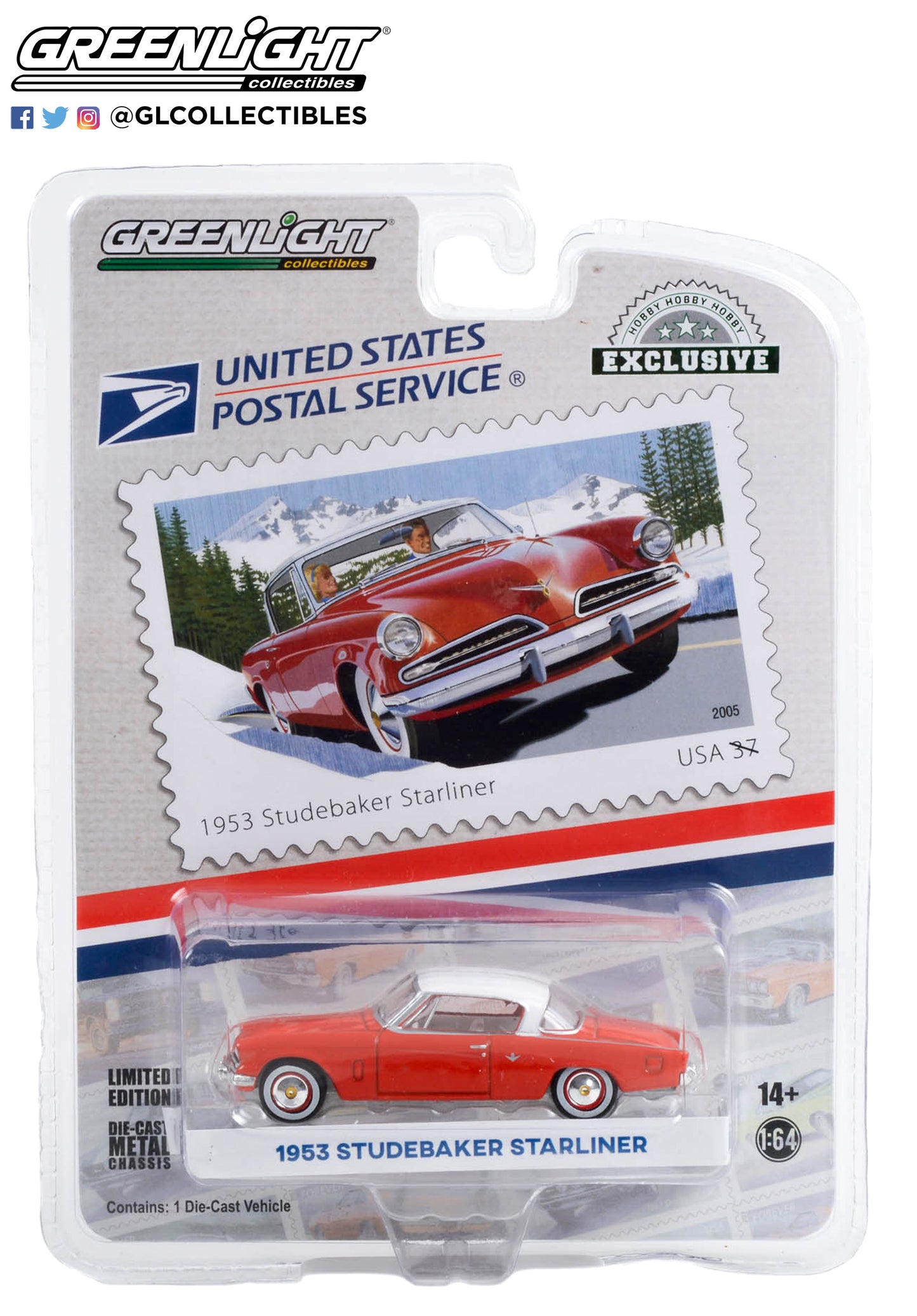 GreenLight 1:64 1953 Studebaker Starliner - United States Postal Service (USPS) America on the Move: 50s Sporty Cars (Hobby Exclusive) 30361