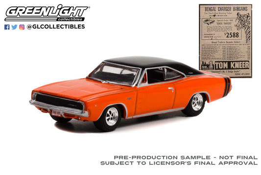 GreenLight 1:64 1968 Dodge Bengal Charger R/T - Orange with Black Stripes - Tom Kneer Dodge, Cincinnati, Ohio - 1 of 50 Produced (Hobby Exclusive) 30375