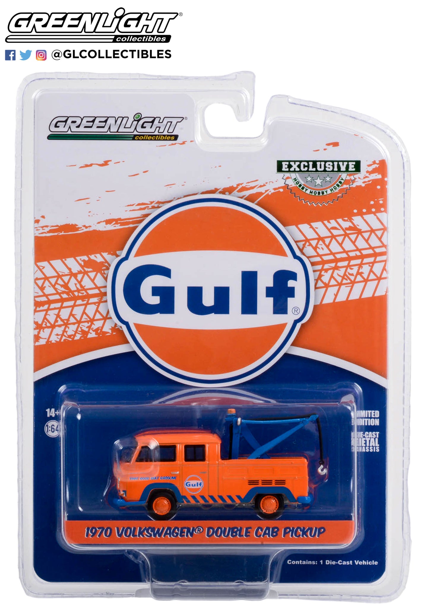 GreenLight 1:64 1970 Volkswagen Double Cab Pickup With Drop in Tow Hook - Gulf Oil That Good Gulf Gasoline 30412