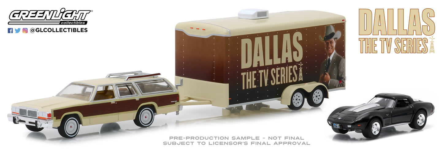GreenLight 1/64 Hollywood Hitch & Tow Series 6 - Dallas (1978-91 TV Series) - 1979 Ford LTD Country Squire with 1978 Chevrolet Corvette C3 in Enclosed Car Hauler 31070-C