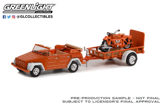 GreenLight 1:64 Hitch & Tow Series 26 - 1973 Volkswagen Thing (Type 181) and Utility Trailer with 1920 Indian Scout Solid Pack 32260-C
