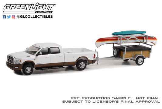 GreenLight 1:64 Hitch & Tow Series 26 - 2022 Dodge Ram 2500 Limited Longhorn Bright White & Walnut Brown with Canoe Trailer with Canoe Rack, Canoe and Kayak Solid Pack 32260-D
