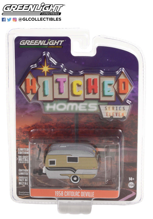 GreenLight 1:64 Hitched Homes Series 11 - 1958 Catolac DeVille Travel Trailer - Gold, Black and Aluminum 34110-B