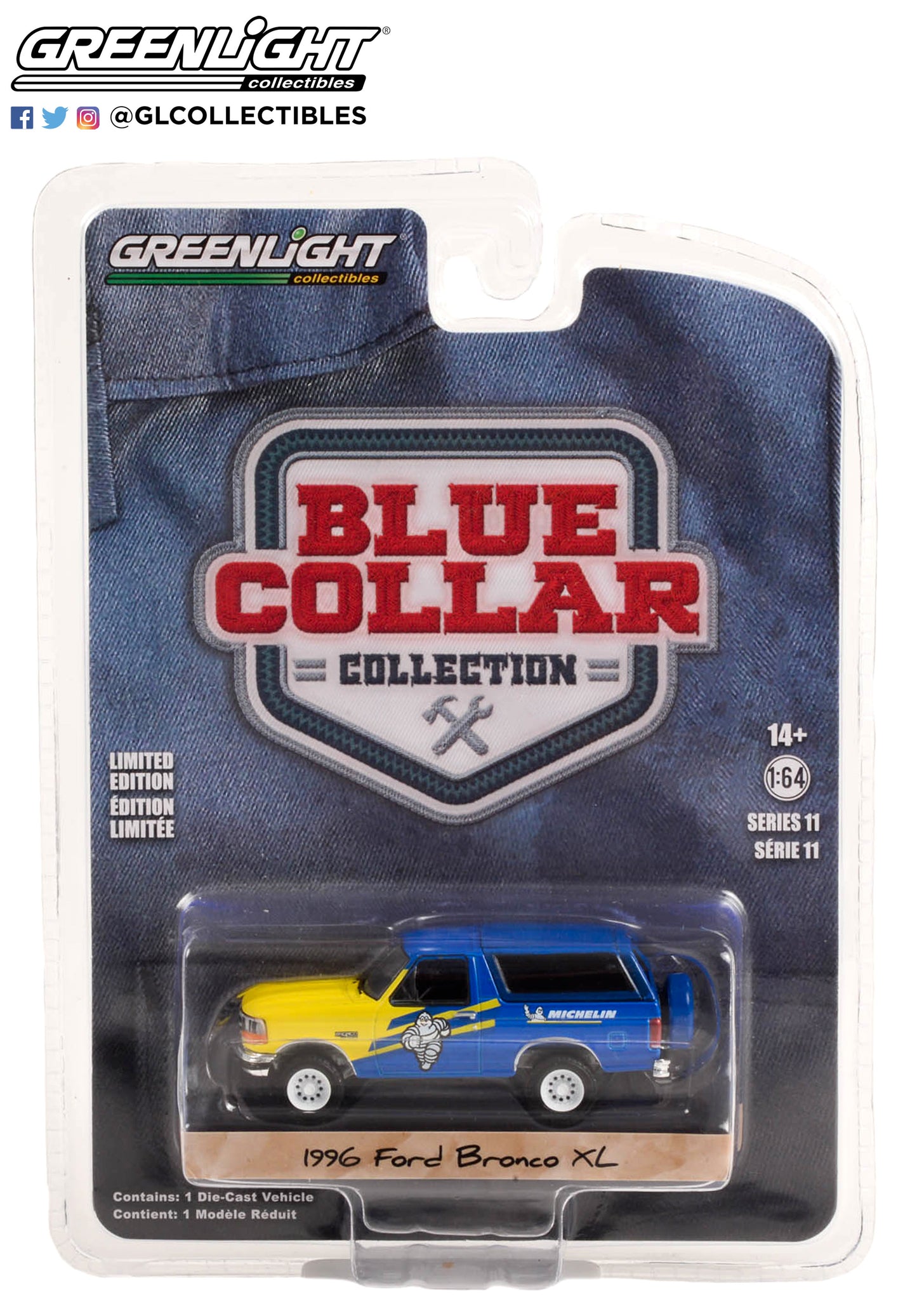 GreenLight 1:64 Blue Collar Collection Series 11 - 1996 Ford Bronco XL - Michelin Tires Solid Pack 35240-D