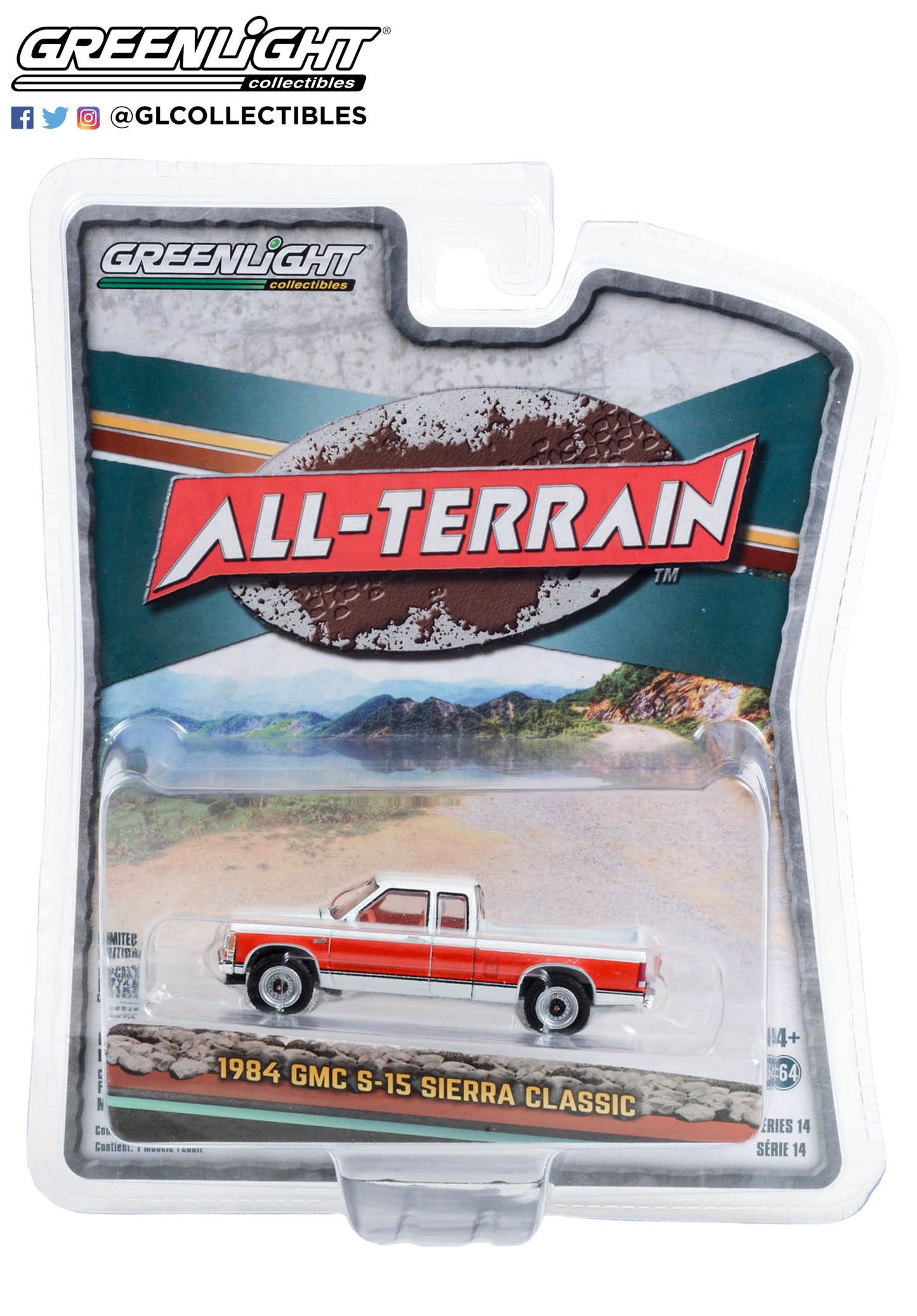 GreenLight 1:64 All-Terrain Series 14 - 1984 GMC S-15 Sierra Classic 4x4 - Apple Red and Frost White Solid Pack 35250-B