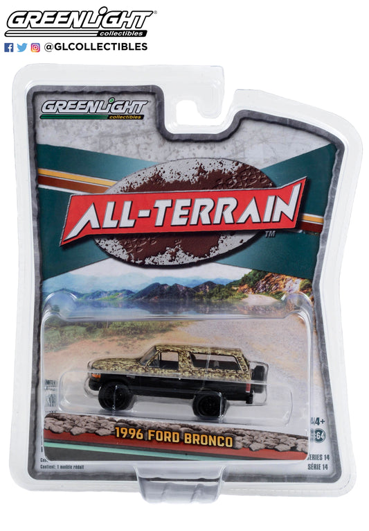GreenLight 1:64 All-Terrain Series 14 - 1996 Ford Bronco (Lifted) - Custom Matte Black and Camouflage Solid Pack 35250-C