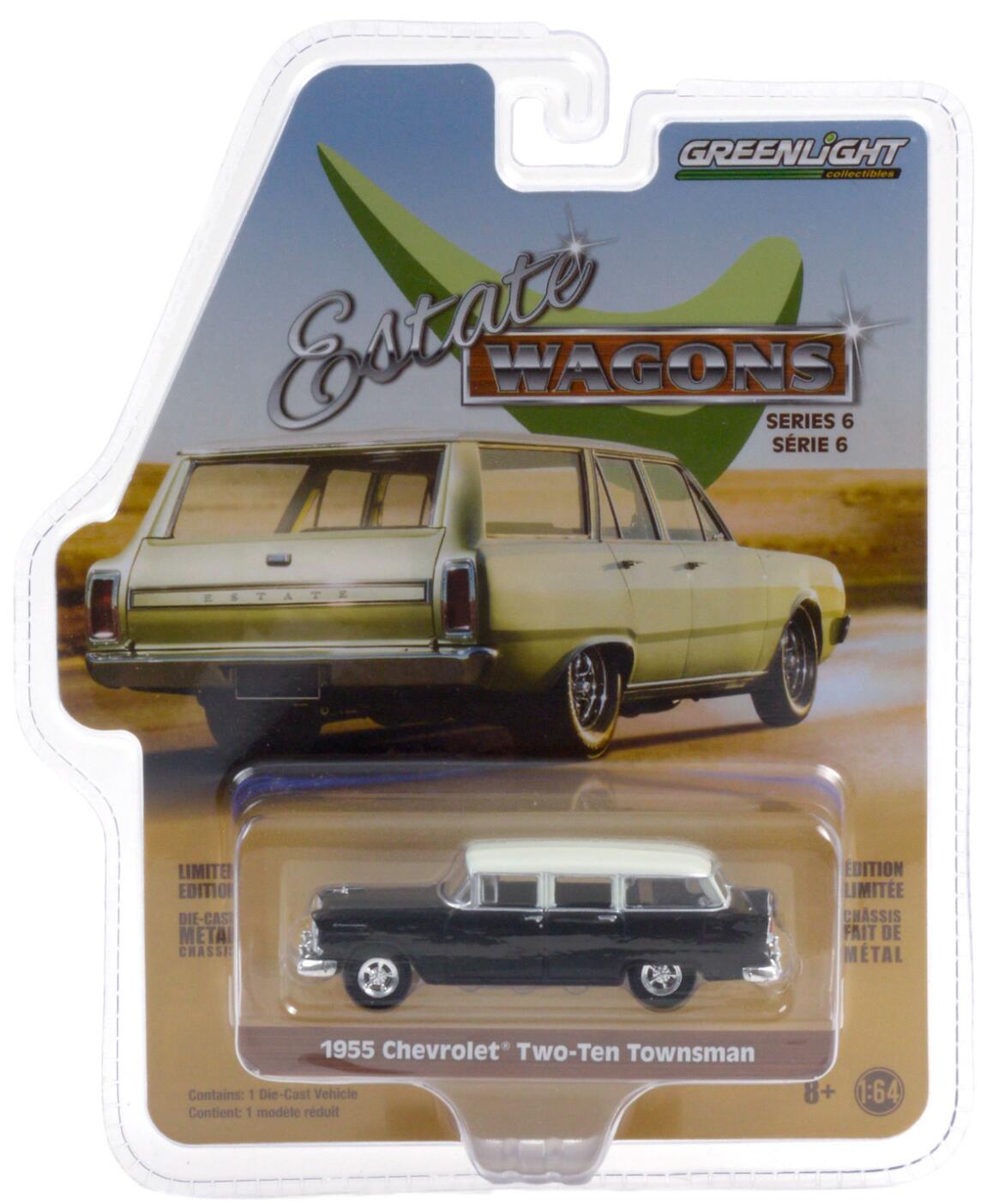 GreenLight 1:64 Estate Wagons Series 6 - 1955 Chevrolet Two-Ten Townsman - Flat Black and India Ivory 36010-A
