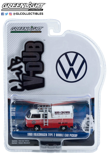 GreenLight 1:64 Club Vee-Dub Series 14 - 1969 Volkswagen Type 2 Double Cab Pickup with Roof Rack and Canopy - Red Crown Gasoline Solid Pack 36050-A