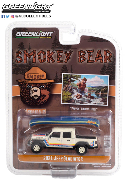 GreenLight 1:64 Smokey Bear Series 2 - 2021 Jeep Gladiator with Canoe on Roof “Prevent Forest Fires!” 38040-F