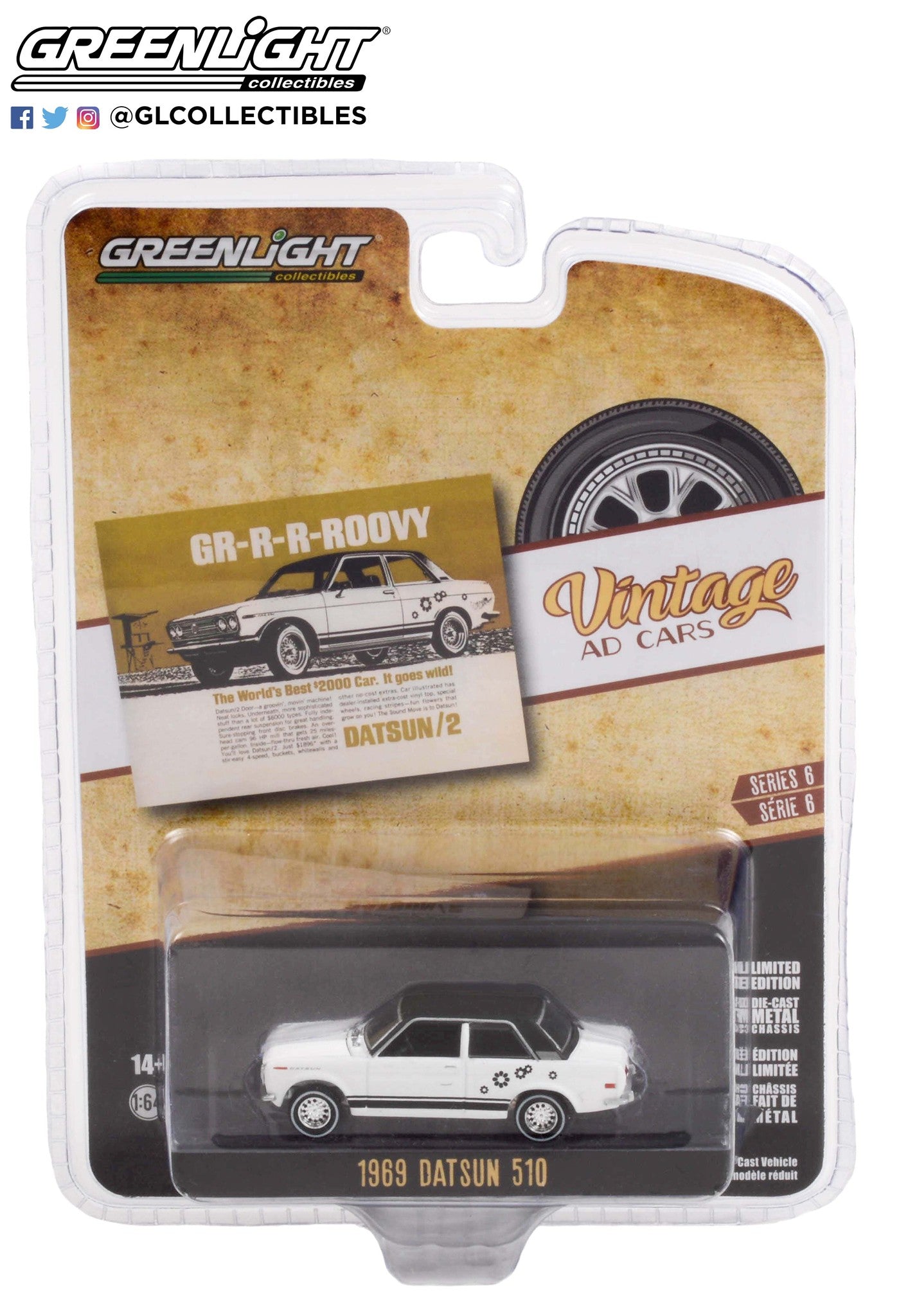 GreenLight 1:64 Vintage Ad Cars Series 6 - 1969 Datsun 510 GR-R-R-ROOVY The World s Best $2000 Car. It Goes Wild! 39090-A