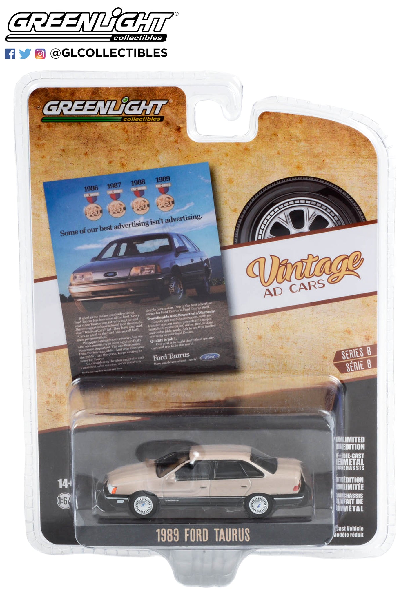 GreenLight 1:64 Vintage Ad Cars Series 8 - 1989 Ford Taurus “Some Of Our Best Advertising Isn’t Advertising” 39110-E