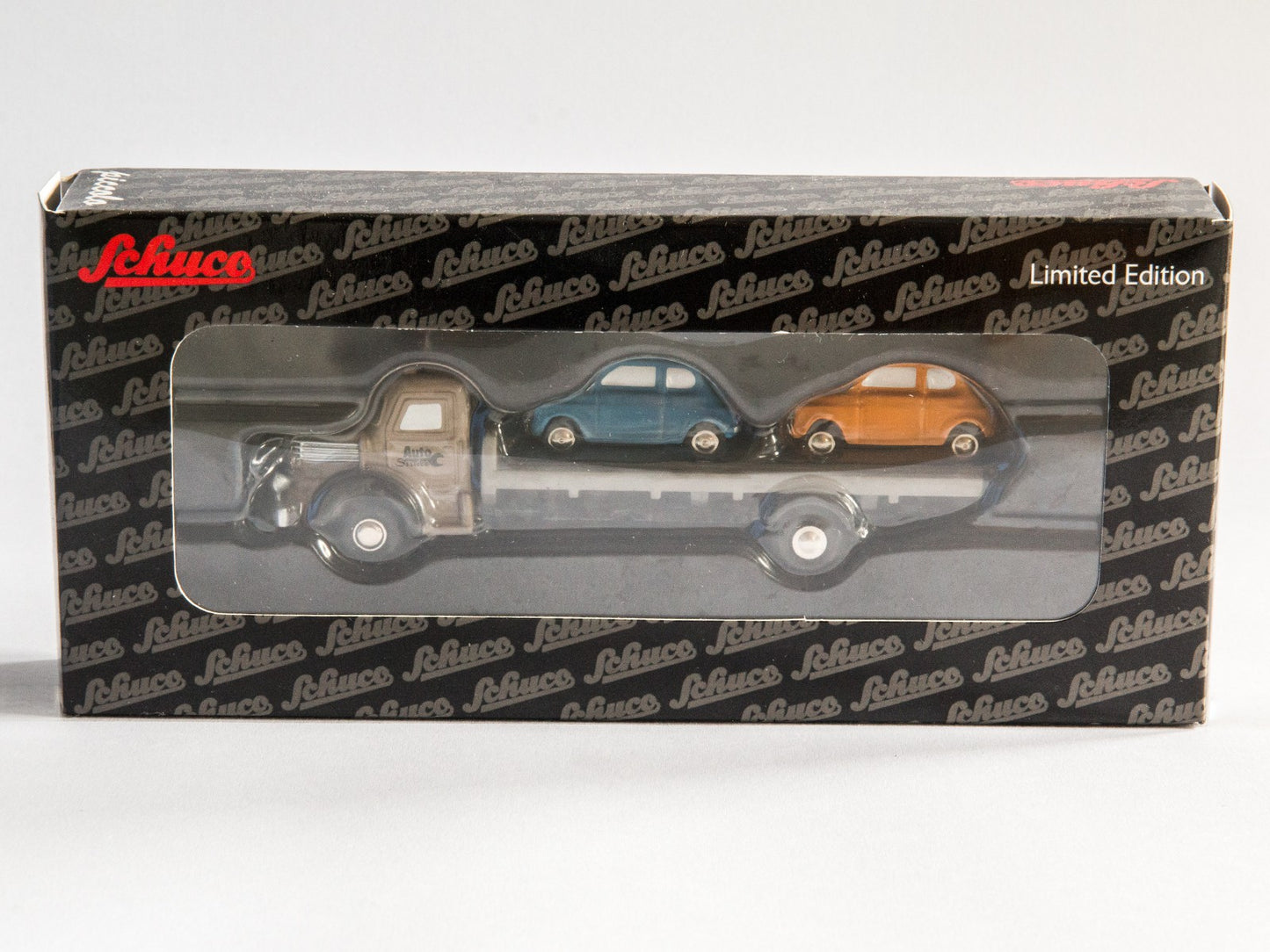 Schuco 1:90 Piccolo Krupp Flatbed Truck with two Fiat 500 Auto Service 450567400