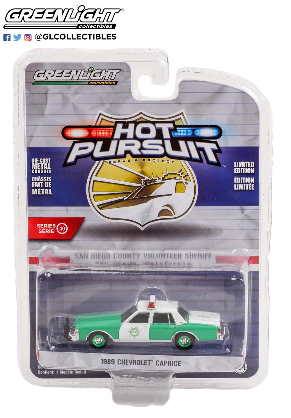 GreenLight 1:64 Hot Pursuit Series 40 - 1989 Chevrolet Caprice - San Diego County Volunteer Sheriff - San Diego, California 42980-B