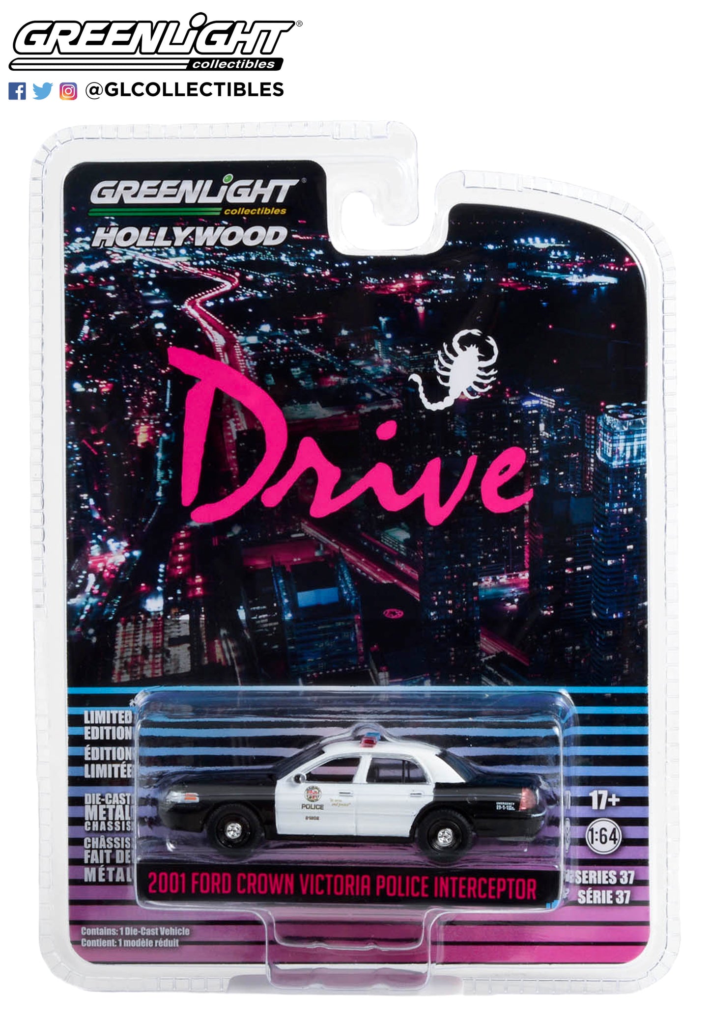 GreenLight 1:64 Hollywood Series 37 - Drive (2011) - 2001 Ford Crown Victoria Police Interceptor - Los Angeles Police Department (LAPD) 44970-E