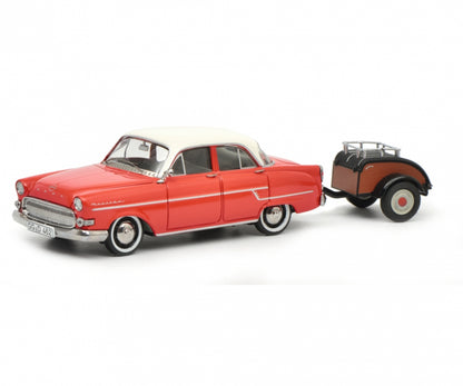 Schuco 1/43 Opel Kapitan with Westfalia trailer red-white 450264000