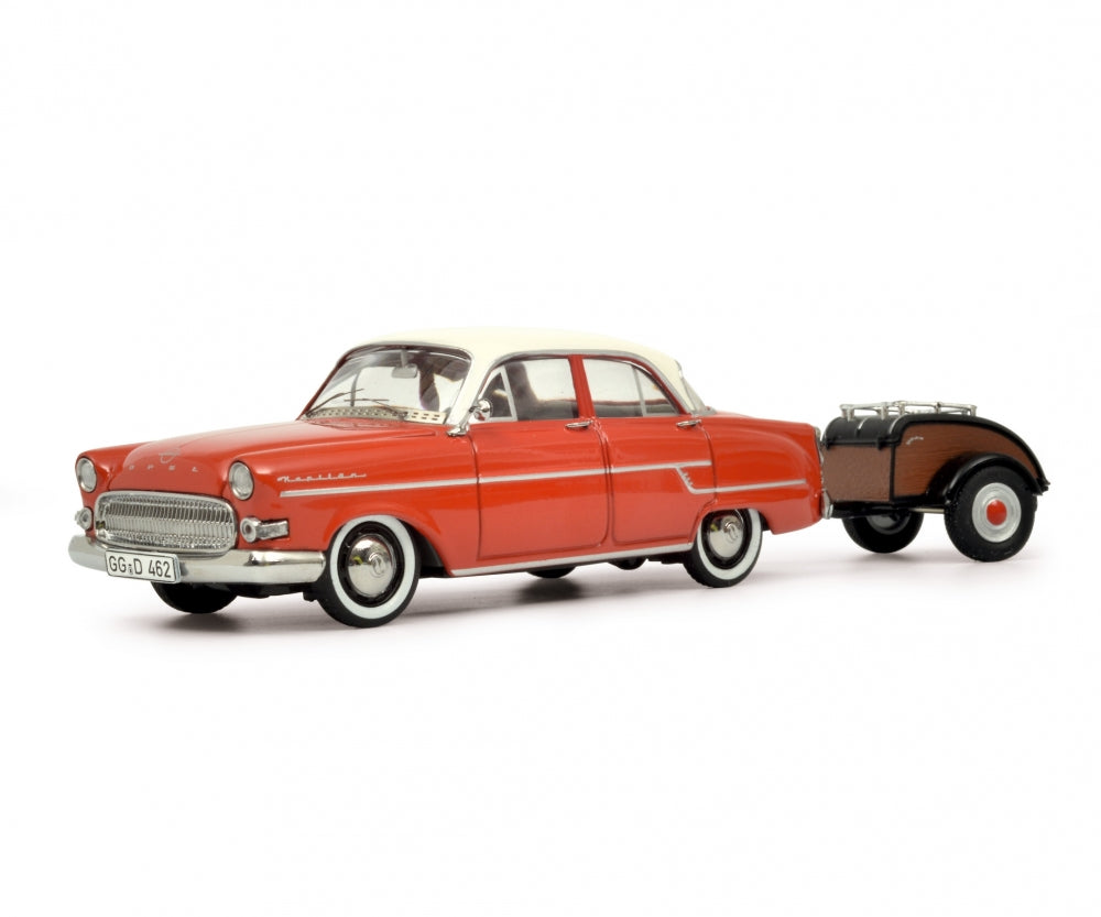 Schuco 1/43 Opel Kapitan with Westfalia trailer red-white 450264000