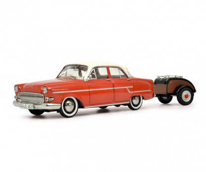 Schuco 1/43 Opel Kapitan with Westfalia trailer red-white 450264000