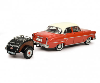 Schuco 1/43 Opel Kapitan with Westfalia trailer red-white 450264000
