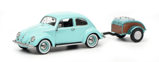 Schuco 1:43 Volkswagen Beetle Ovali with trailer Westfalia turquoise 450269900