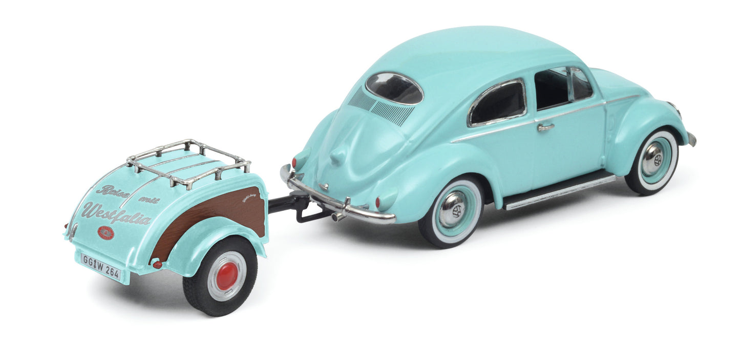 Schuco 1:43 Volkswagen Beetle Ovali with trailer Westfalia turquoise 450269900