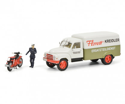 Schuco 1/43 Hanomag L28 Kreidler with Kreidler Florett and driver 450292900